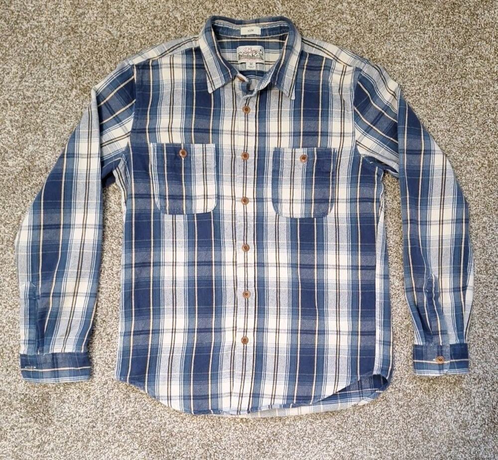J CREW Mid Weight Flannel Slim Fit Button Shirt Blue White Western Casual Medium
